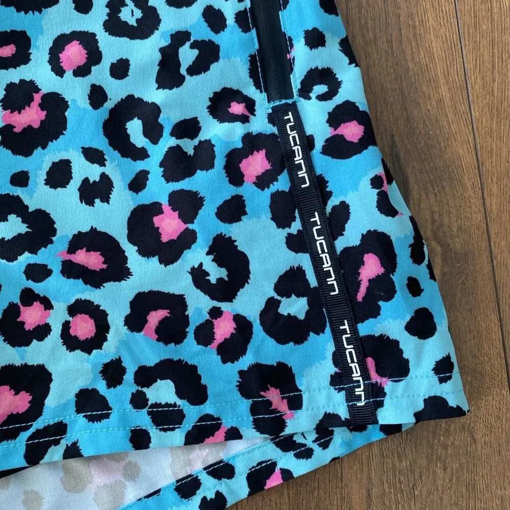 Tucann Swim Trunks Mens Medium Teal and Pink Leopard Board Shorts Lined Beach